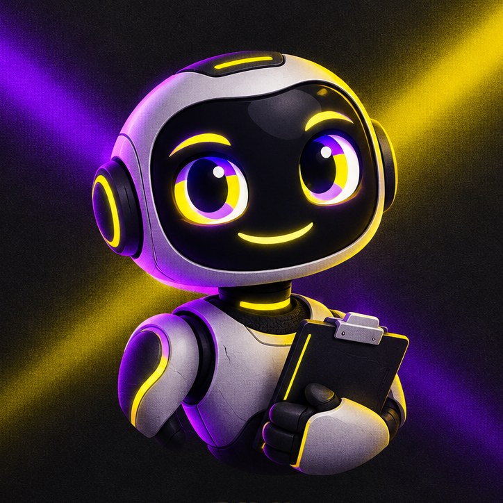 Dimi, o robô assistente virtual da DIM Produções, segurando a prancheta
